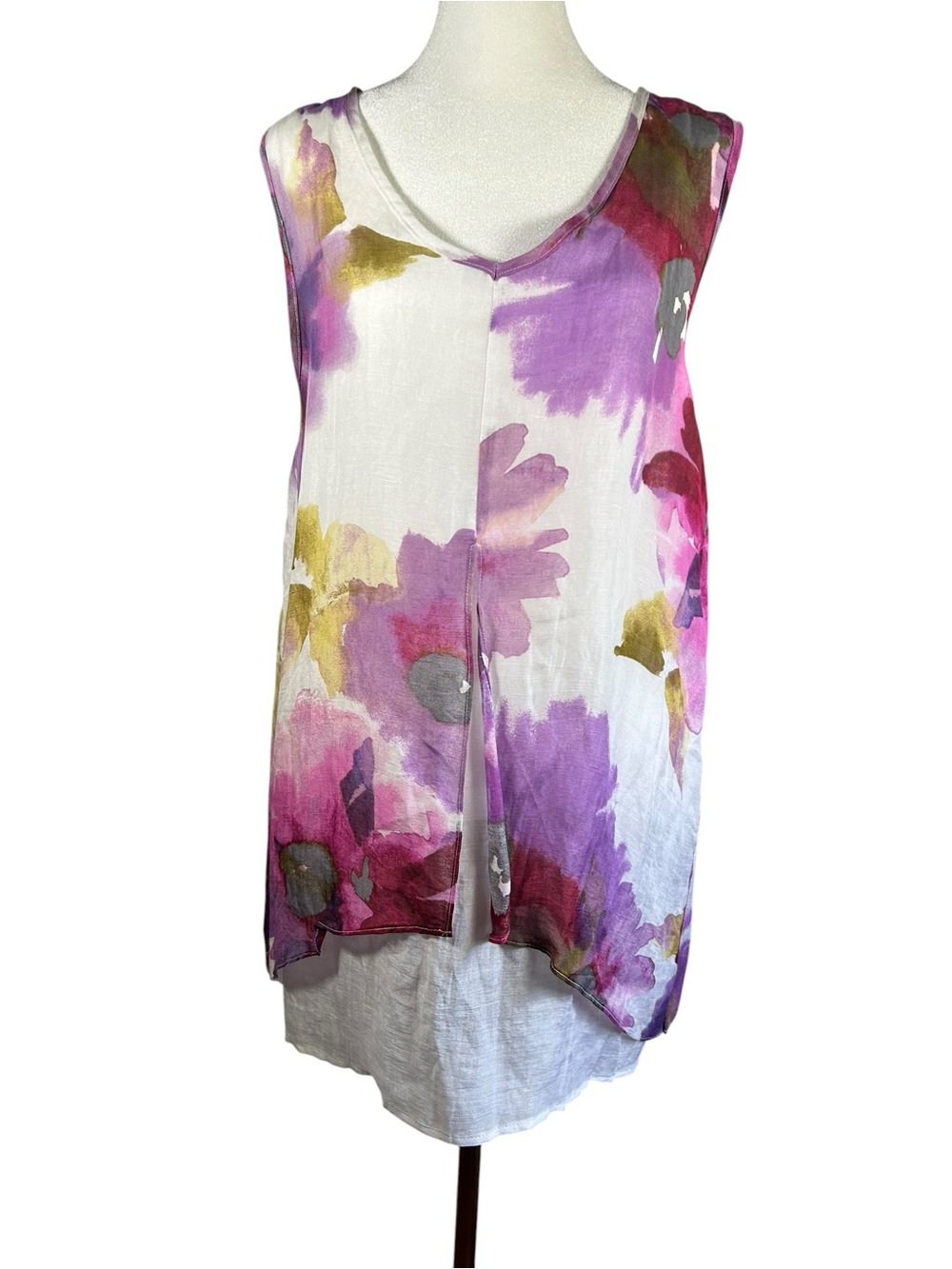 Art Academia Floral Linen Blend Split Front Layered Tunic Top Habitat Size